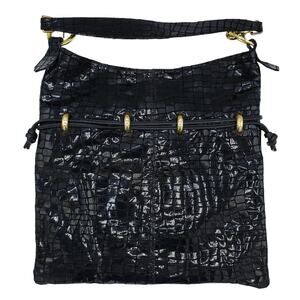 Andre Oliver Croc Embossed Faux Patent Leather Handbag Black Gold Accents
